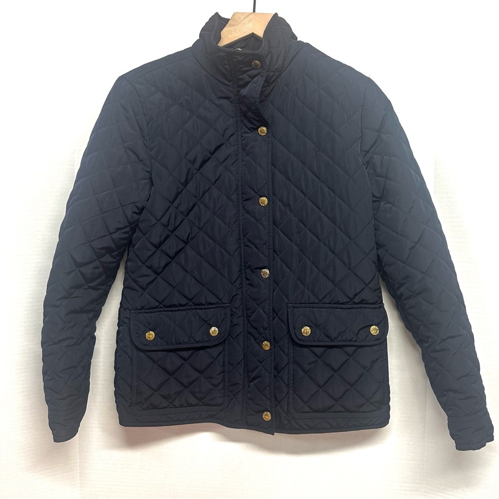 British Khaki Navy Quilted Jacket with gold buttons pockets S preppy fall winter